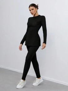 SHEIN Tall Small Turtleneck, Split Hem, Wide Ribbeds, Ribbed High-Elastic Plus Fleece Knitted T-Shirt And Fleece Leggings For Commuting, Simple Office, Retro And Simple - Black - View 7