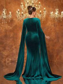 Glamrae Vestido largo con capa en estilo sirena de terciopelo verde esmeralda con aplicaciones de lentejuelas y parches, vestido de gala elegante de manga larga para invitados de boda, graduación, cena formal - Verde Oscuro - Ver 6