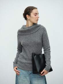 Aalyst 女士不对称高领休闲百搭长袖羊毛毛衣