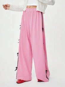 SHEIN EZwear Women Drawstring Waist Loose Fit Wide Leg Casual Sweatpants - Coral Pink - View 6