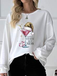 INAWLY 女士圣诞马提尼、圣诞老人帽子、糖果、字母印花圆领运动衫、休闲运动装、秋冬