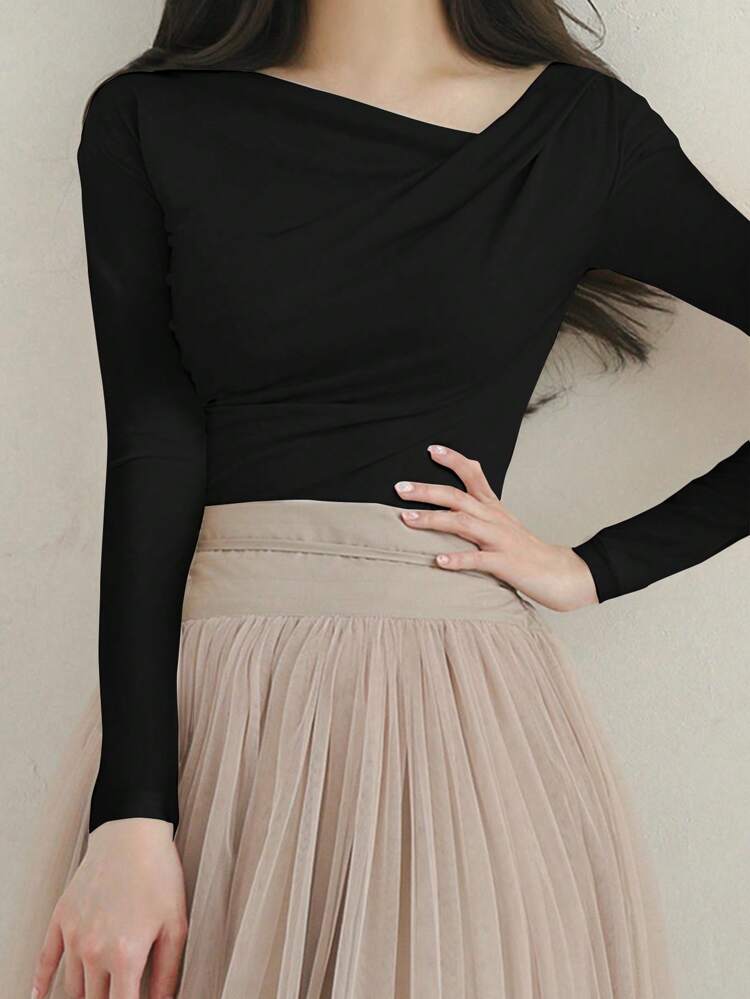 1pc Women Plain Long Sleeve Simple Casual Top, Everyday Wear