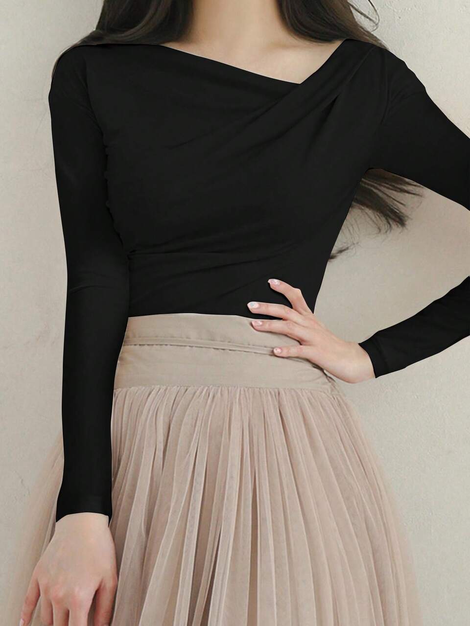 1pc Women Plain Long Sleeve Simple Casual Top, Everyday Wear