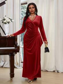 SHEIN Lady Autumn And Winter Elegant Party Navy Blue Knitted Velvet V Neck Wrap Draped Long Long Sleeve Plus Size Dresses