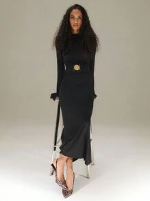 SHEIN Unity High Neck Open Back Long Sleeve Dress With Waist Panel Belted Detail New Year