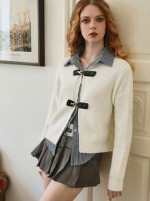 SHEIN MOD Women Knitted Cardigan,Retro Style Apricot Button Decor Coat,White And Black,Autumn,Elegant And Classy,School,Back-To-School,Urban Chic Casual Jacket - Apricot - View 1