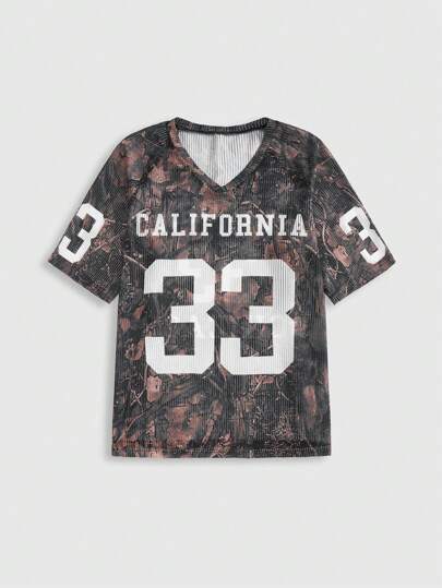 Street Life Camiseta de manga corta con gráfico de estrella y número, estilo callejero casual