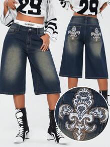 SHEIN EZwear Jeans feminino streetwear Y2K vintage gráficos bordados lavados folgados - Lavagem escura - Ver 4