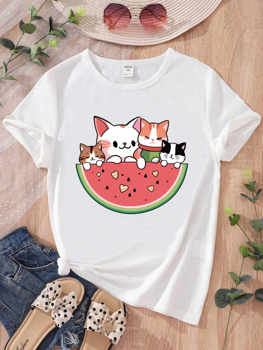 SHEIN Tween Girls' Cartoon Cat & Watermelon Print T-Shirt Style Hit  Summer Tops - White - View 1