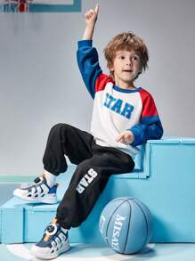 SHEIN Young Boys 2pcs/Set White Multicolor Splicing Sports Tracksuit,Autumn School Fashion Campus Street Letter & Ball Print Sweatshirt & Pants Daily Wear - Multicolor - View 6