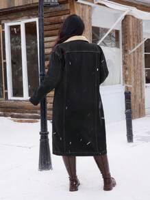 SHEIN EZwear Plus Size Washed Thermal Denim Long Jacket With Thermal Lined , Button Front, Autumn/Winter - Black - View 2