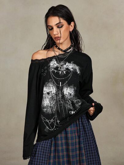 Grunge Punk Camiseta con estampado de cadena, recorte en los hombros, detalle de encaje y espacio negativo, estilo Y2K