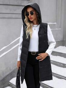 SHEIN Clasi Women's Plain Color Zipper Front Long Hooded Casual Padded Padded Coat, Winter Clothes - Black - View 5