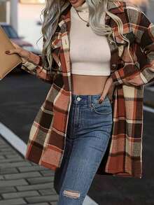 女士纽扣法兰绒衬衫长袖格子衬衫商务休闲衬衫上衣春秋季加厚中长款衬衫裙秋装 - 粉色 - 查看 2