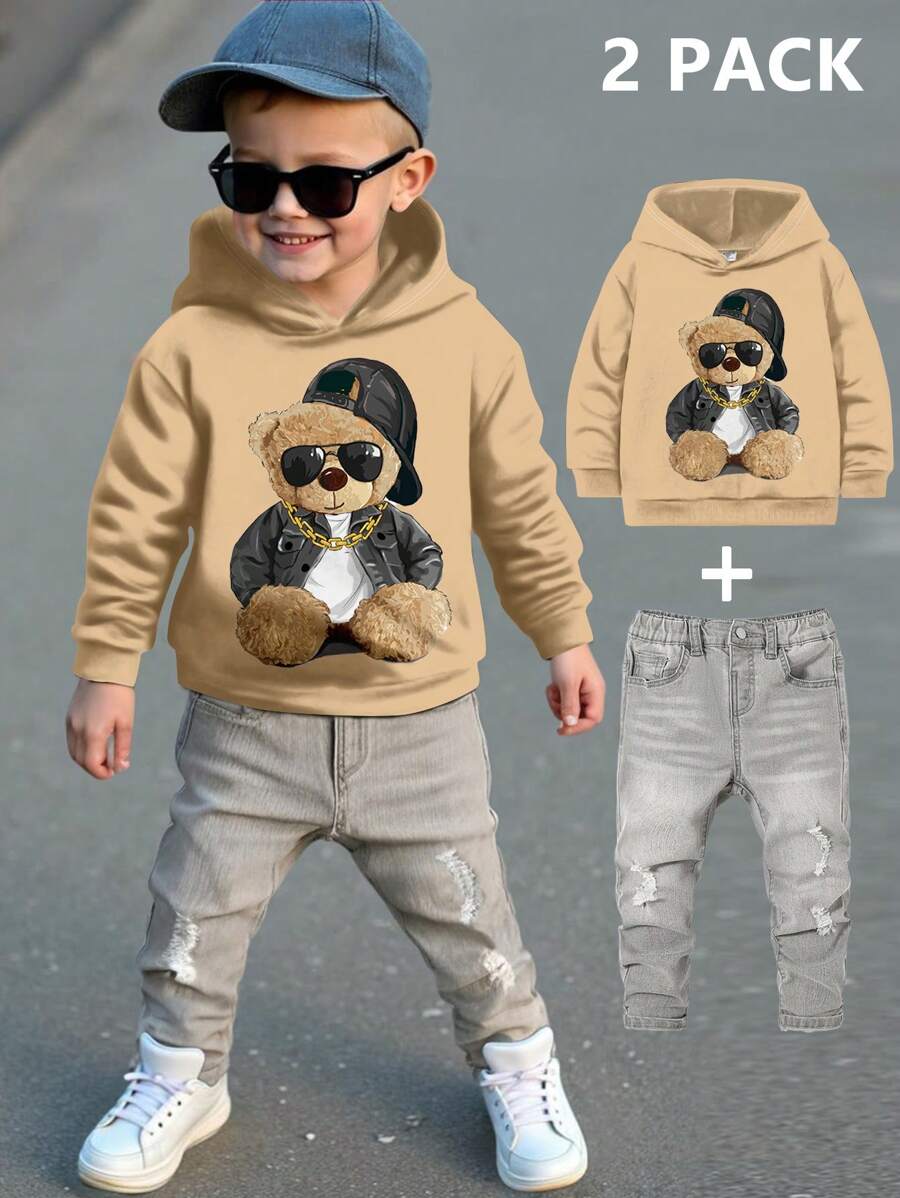 SHEIN Leap Crew 2 件套年轻男孩休闲可爱熊带太阳镜图案印花长款宽松连帽衫和牛仔裤套装，适合秋冬季 - 彩色 - 查看 1