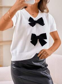 INAWLY Short Sleeve Bow Decor Casual Minimalist V-Neck Knit Pullover - White - View 6