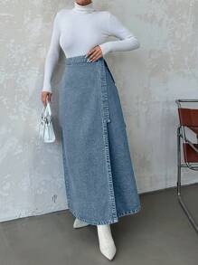 EURMUSE Women's Tie-Front Simple Denim Mini Skirt For Casual Everyday Wear - Medium Wash - View 4