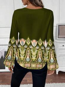 Felipe Marques Artist Women Casual Green Print Blouse, Suitable For Autumn/Winter, Holiday, New Year, Thanksgiving, Vacation, Spring & Summer, Beach, Festival, Spring Break, Ibiza Fits, Rave Western Wear - Green - View 2