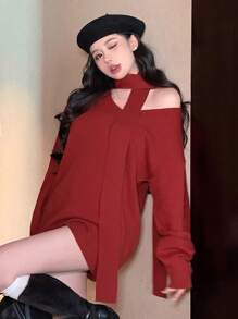 DAZY 女士情人节/圣诞节系带红色针织高领毛衣，秋季服装，新年 - 紅色 - 查看 7