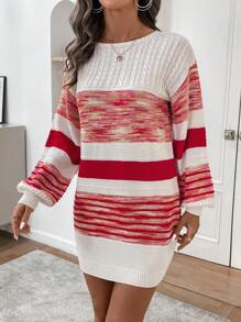SHEIN LUNE Women Striped Round Neck Drop Shoulder Long Sleeve Casual Sweater Dress, Autumn/Winter