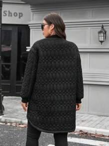 SHEIN LUNE Abrigo acolchado holgado de longitud hasta la rodilla de mujer talla grande en color negro con patrón geométrico y puños curvilíneos laterales, ropa de invierno para mujer, abrigo de invierno para vacaciones, térmica