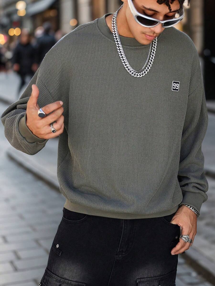 Manfinity Hypemode Men's Casual Digit Print Crew Neck Sweatshirt, Autumn - Green - View 1