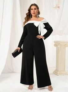 SHEIN Belle Bộ đồ liền thân ống rộng tối giản màu đen trắng thiết kế trễ vai thanh lịch cỡ lớn tay dài cạp cao - màu đen - Xem 5