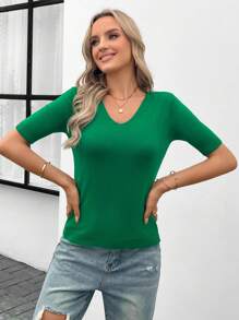EMERY ROSE Top de punto unicolor de cuello V