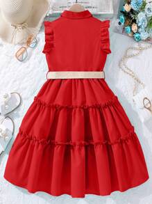 Tween Girl Puff Sleeve Collared Midi Dress With Woven Belt,Holiday Summer Travel, School, Campus, College - Red - View 2