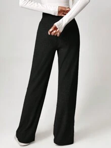 SHEIN Tall Ribbed Knit Knot Front Wide Leg Pants - Black - View 2