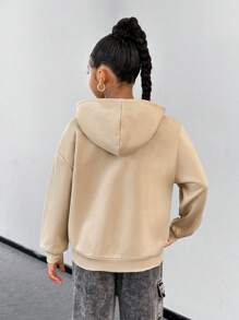 SHEIN Áo nỉ dài tay lót nhiệt phong cách đường phố cho bé gái tuổi teen - Màu Khaki - Xem 2