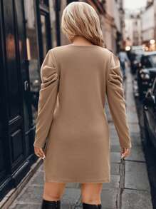 SHEIN LUNE Puff Shoulder Fitted Crew Neck Long Sleeve Dress - Apricot - View 2