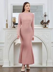 Modelyn 紧身性感长袖毛茸茸拼布紧身连衣裙女士长款晚礼服 - 粉色 - 查看 3