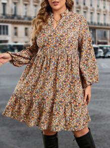 SHEIN Clasi 大码女式花卉印花灯笼袖连衣裙，秋季 - 彩色 - 查看 4