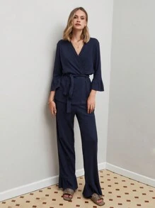 RueChic Bộ đồ mặc nhà 2 chiếc áo hai dây cotton có chi tiết xếp nếp - Màu xanh hải quân - Xem 4