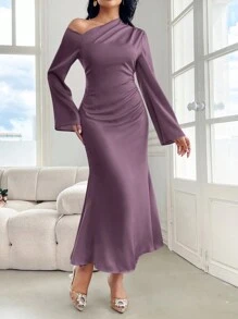 Modelyn 女士纯色露肩宽松长袖紧身连衣裙，带褶边，婚礼/场合礼服长款晚礼服 - 淺灰紫 - 查看 5