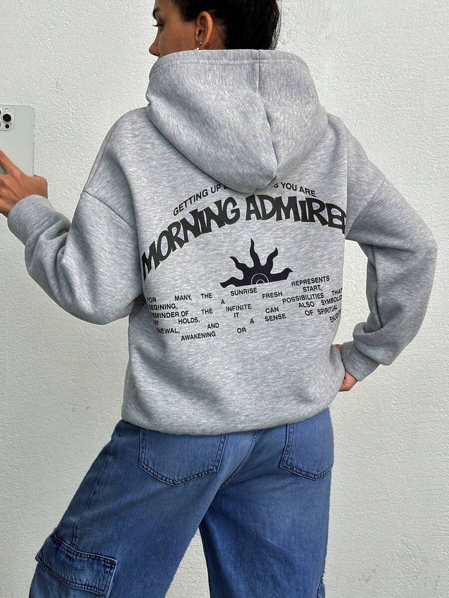 Cottnline Women Letter Print Minimalist Hoodie Sweatshirt - Grey - View 1