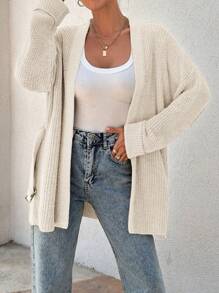 EURMUSE Cárdigan de punto estriado con cinturón, de línea asimétrica y oversize para mujer - Crema - Ver 5