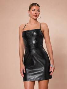 SHEIN BAE Đầm ngắn hở lưng họa tiết động vật bằng da PU tối giản gợi cảm màu đen trơn, thích hợp cho tiệc cocktail, hẹn hò lãng mạn, mặc nhiều lớp vào mùa thu và mùa đông, tiệc tùng, hộp đêm, Halloween, Giáng sinh - màu đen - Xem 6