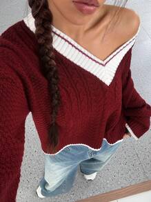 Flirla 女士秋冬休闲撞色 V 领纹理毛衣 - 彩色 - 查看 3