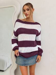 Forever 21 女士条纹简约针织毛衣，日常休闲装 - 中紫紅色 - 查看 4