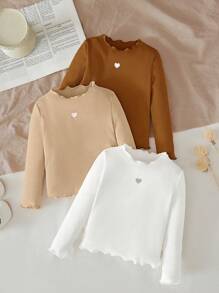 SHEIN LMoss Kids 3 pièces Hauts élastiqués à volants avec motif de cœur adorable pour bébé fille, pour l'automne/l'hiver