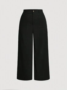 SHEIN PETITE CURVE Plus Size Casual Solid Color Wide Leg Pants - Black - View 5