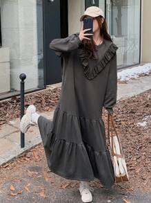 DAZY 女士荷叶边下摆中长款卫衣连衣裙，秋冬 - 深灰色 - 查看 1