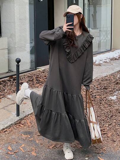 DAZY 女士荷叶边下摆中长款卫衣连衣裙，秋冬