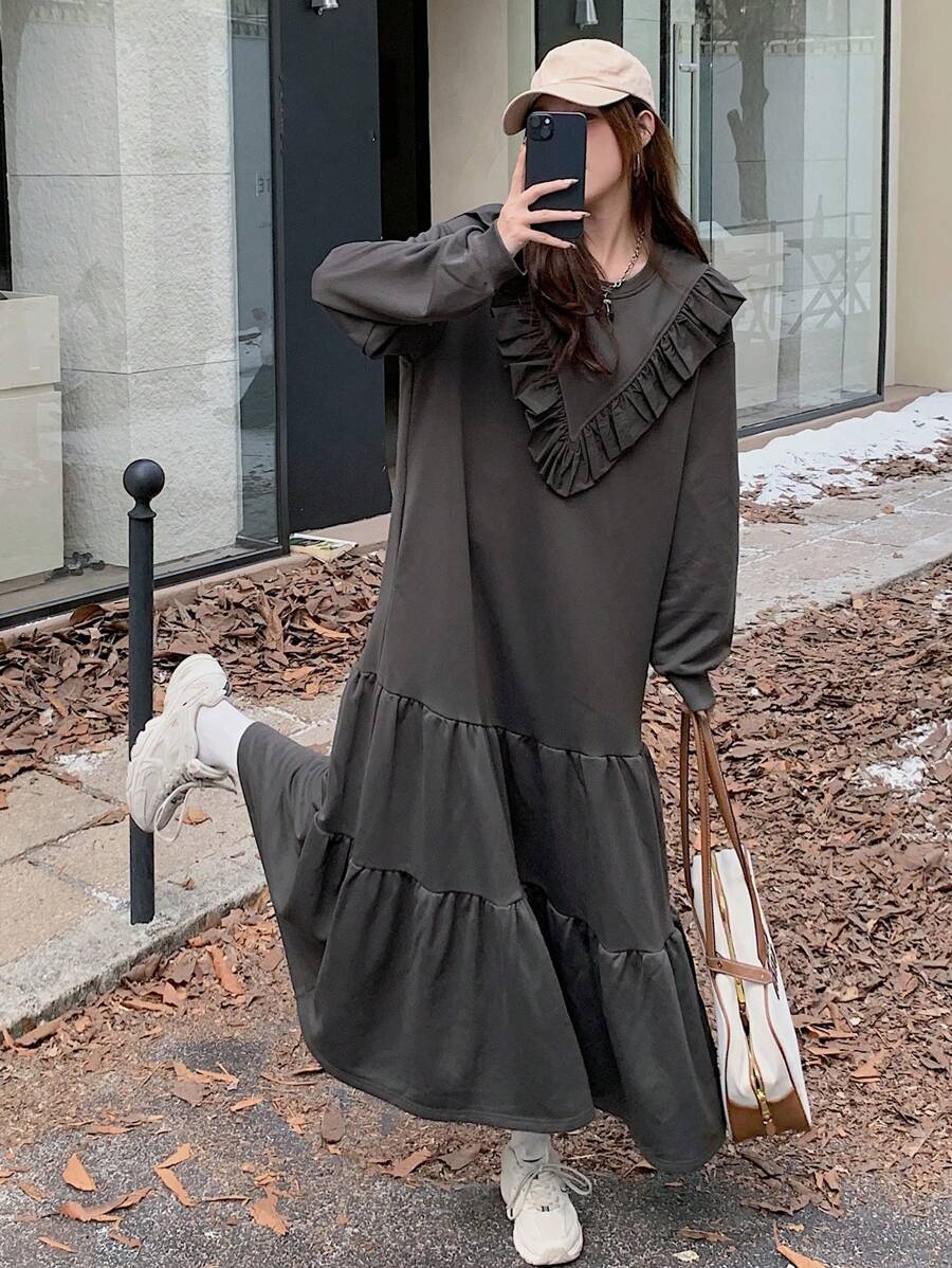 DAZY 女士荷叶边下摆中长款卫衣连衣裙，秋冬 - 深灰色 - 查看 1