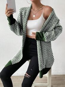 Chiquease Áo khoác cardigan dài hở phía trước họa tiết răng cưa thường ngày cho nữ, cổ khoét sâu - Nhiều màu - Xem 4