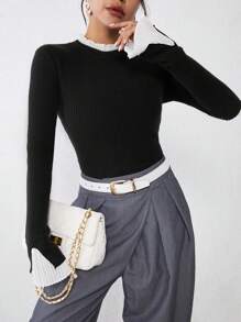 SHEIN Clasi Áo thun nữ mùa thu tay loe xếp nếp ôm sát, chất liệu gân sọc - màu đen - Xem 6