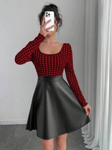 Chiquease Women Casual Daily Patchwork Houndstooth Pattern Dress For Autumn For New Year Clothes PU Leather Women Outfit Fall Cloth For Women - Red - View 5