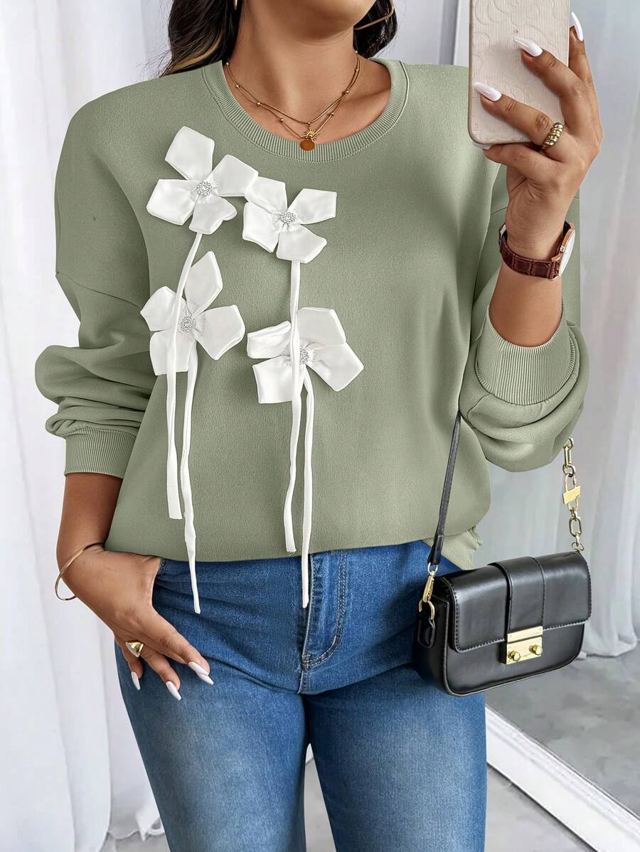 SHEIN Unity 大码女式休闲撞色3D立体花卉装饰落肩宽松套头卫衣，春秋季 - 薄荷綠 - 查看 1